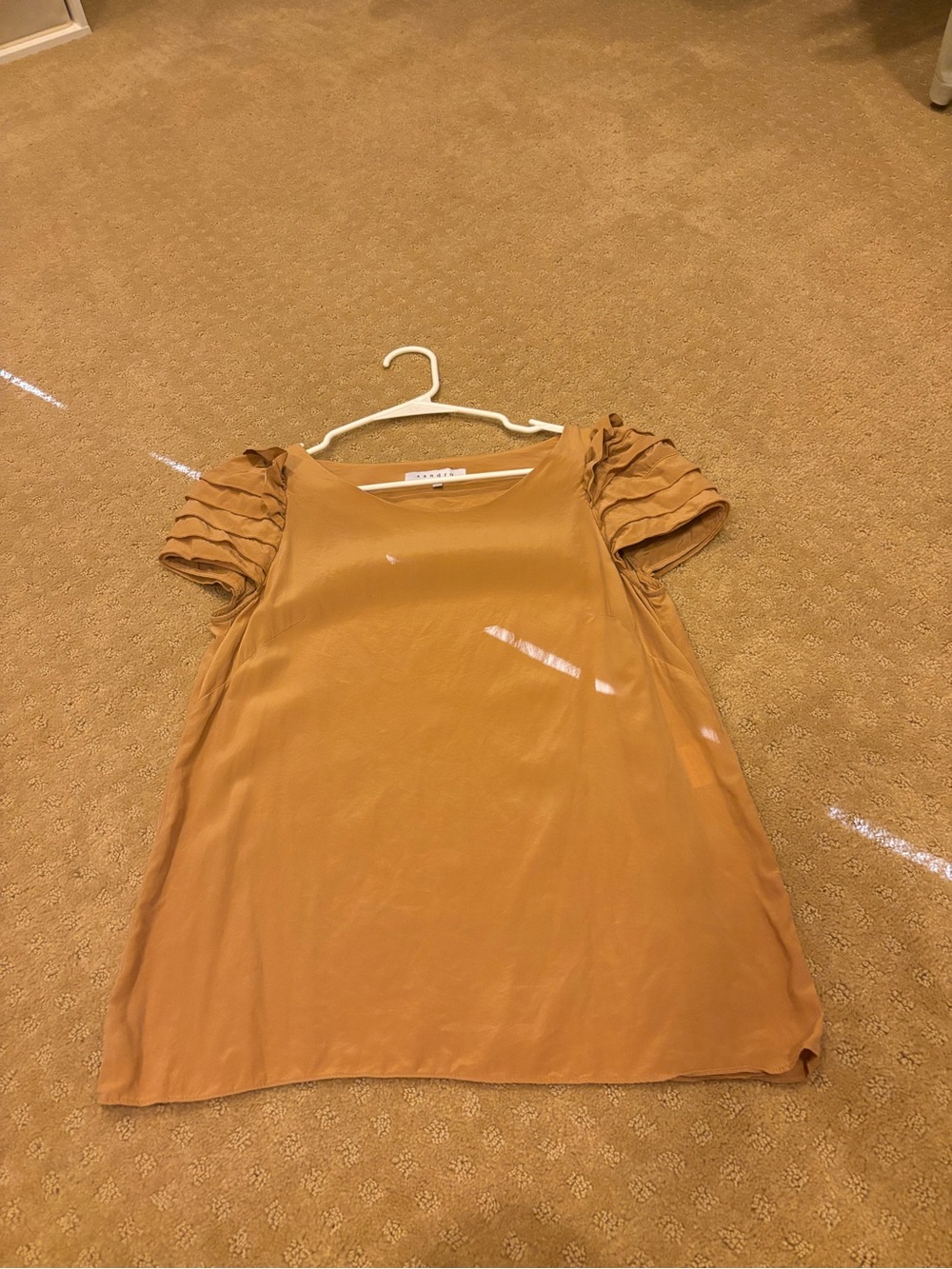 Sandro Paris 100% Silk Camel Blouse Size 1 Tiered Ruffle Sleeve French Chic